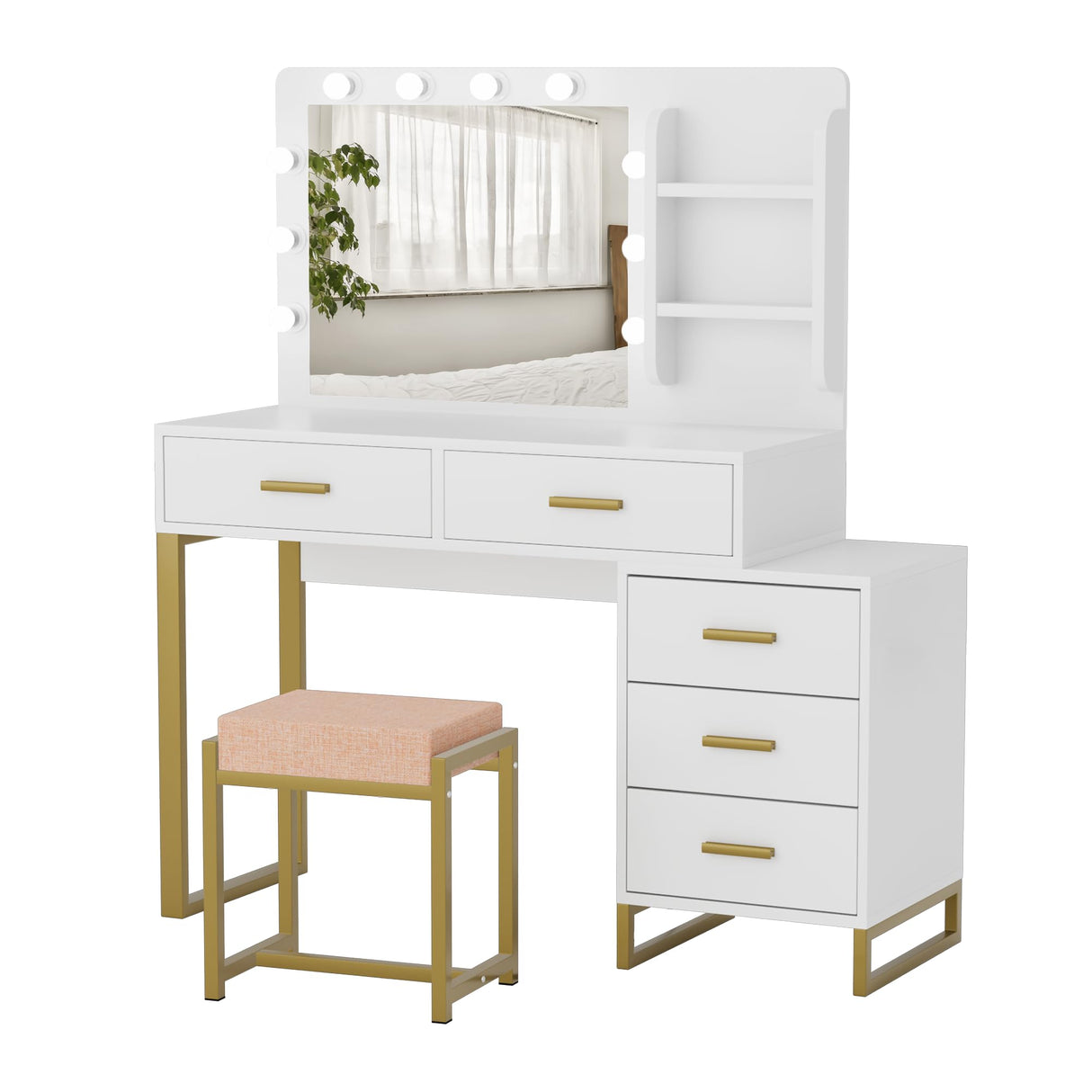 Desk with Mirror and 10 LED Lights, White Makeup Vanity with 5 Drawers, 3 Lighting Modes Makeup Desk, Madeup Table for Bedroom