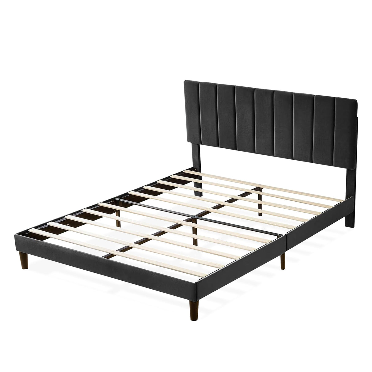 Queen Size Bed Frame, Velvet Fabric Platform Bed with Upholstered Headboard