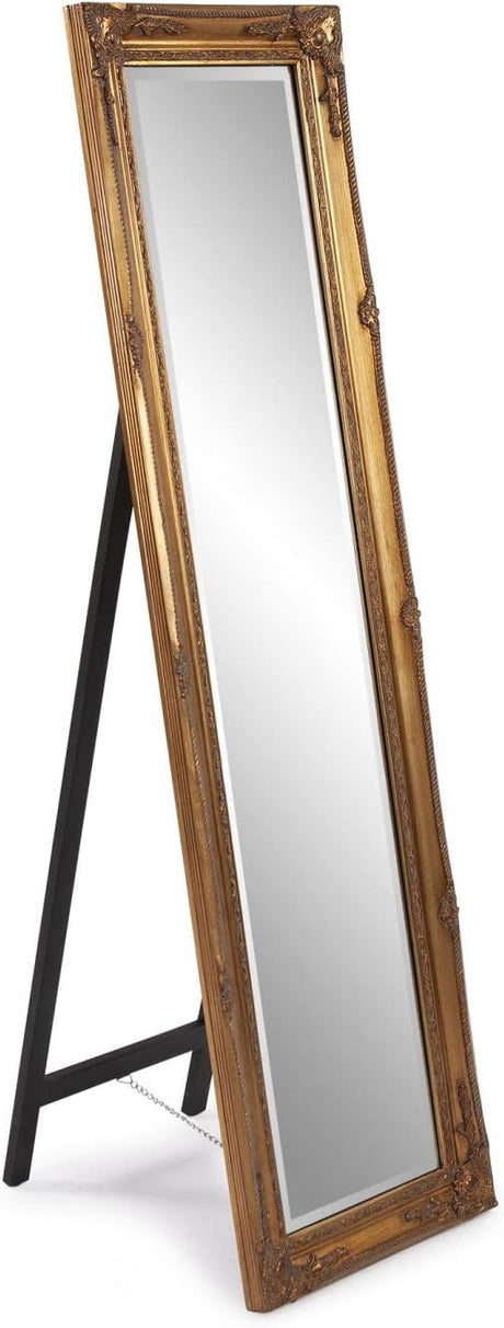 Queen Ann Self Standing Mirror, Antique Gold Leaf, Rectangular Metal Framed Floor