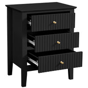 Fluted 3 Drawers Black Nightstand, Bedroom 24" Bed Night Stand, Side End Table Small