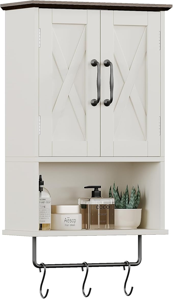 Farmhouse Medicine Cabinet, Bathroom Wall Cabinet with Adjustable Shelf, Towel Bar