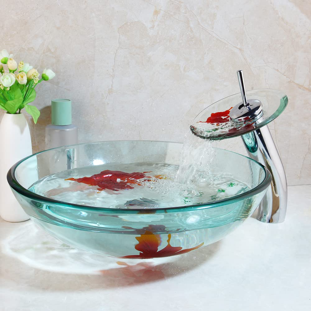 Clear Bathroom Sink Hand Painting Gold Fish Tempered Glass Vessel Sink Basin