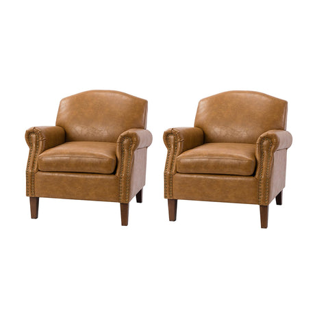 Set of 2 Faux Leather Accent Chair with Retro Wood Legs, Comfy Upholstered Armchair