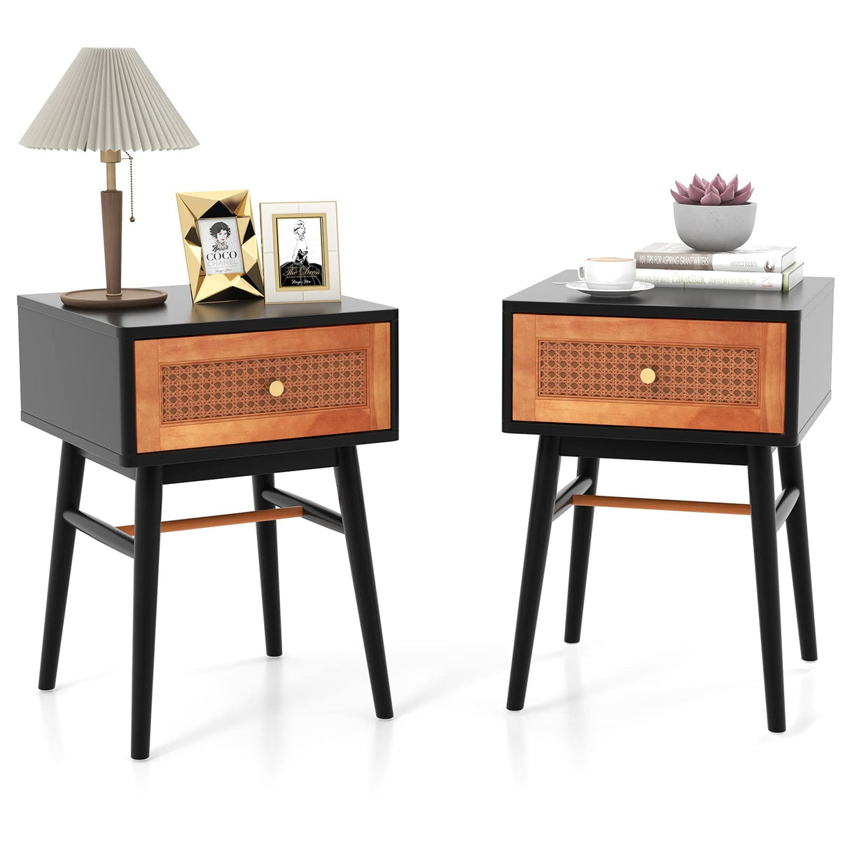 Rattan Nightstand Set of 2, Boho End Side Table with Rattan Decorated Storage