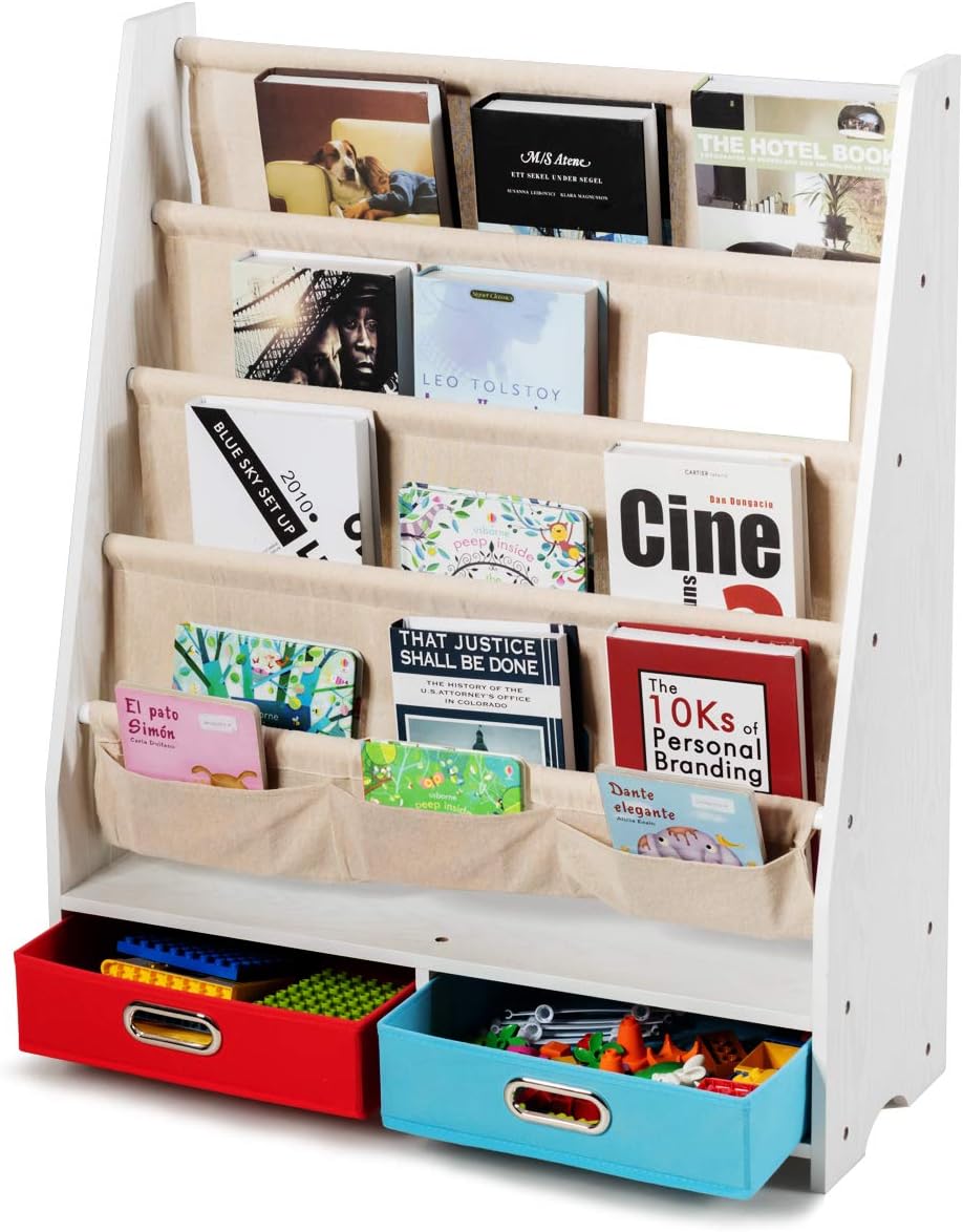 Kids Book Rack with 2 Storage Bins, Wooden Toddler Bookshelf with 4 Sling Shelves