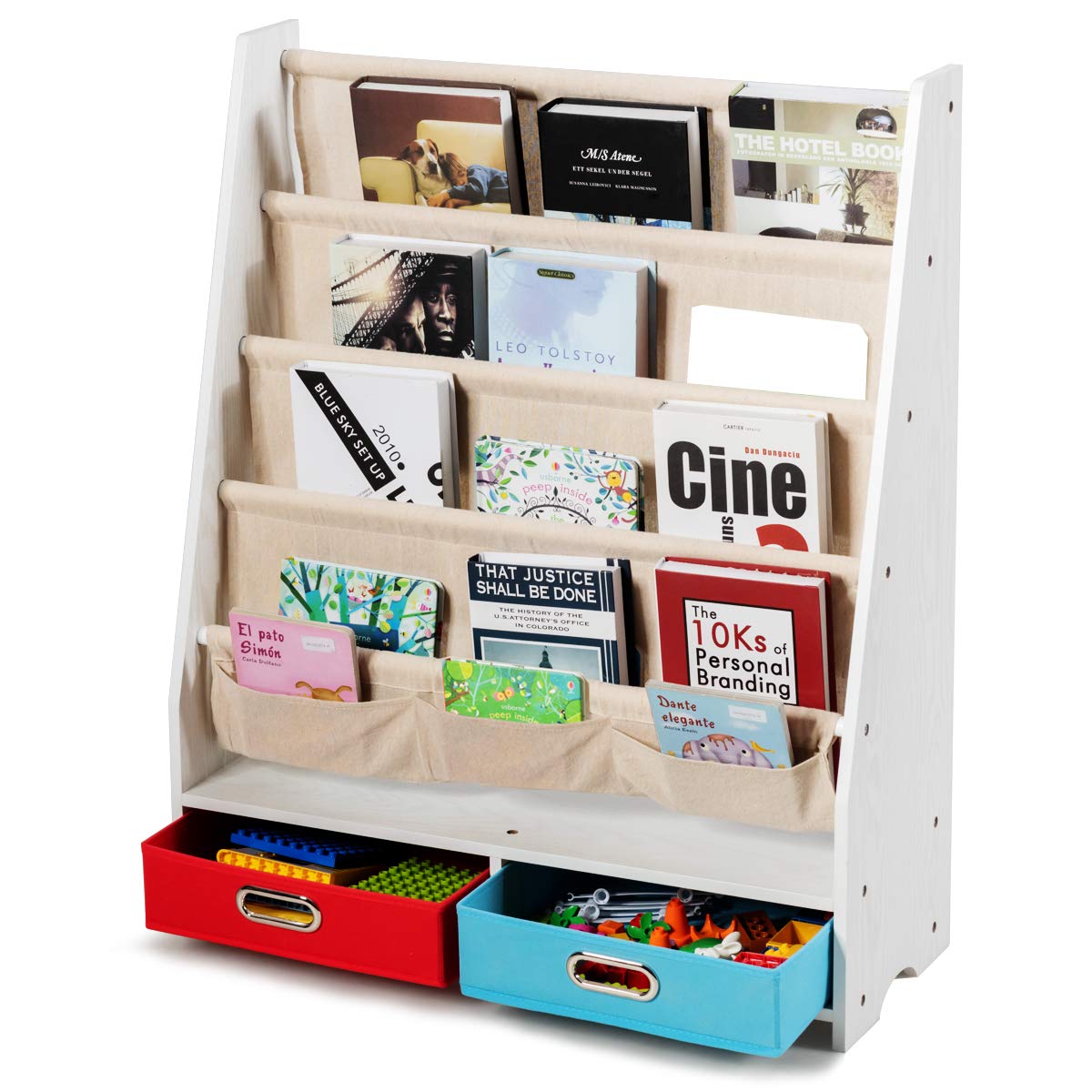 Kids Book Rack with 2 Storage Bins, Wooden Toddler Bookshelf with 4 Sling Shelves