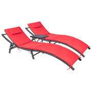 Furniture 3 Pieces Cushioned Rattan Chaise Lounge Sets (Red, Outdoor, Adjustable Back