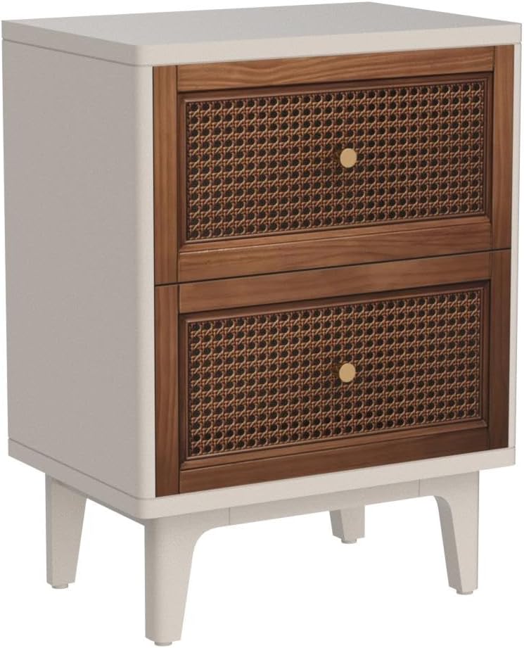 Fully-Assembled 2-Drawer Woven Cane Front Accent Nightstand with Brass Knobs