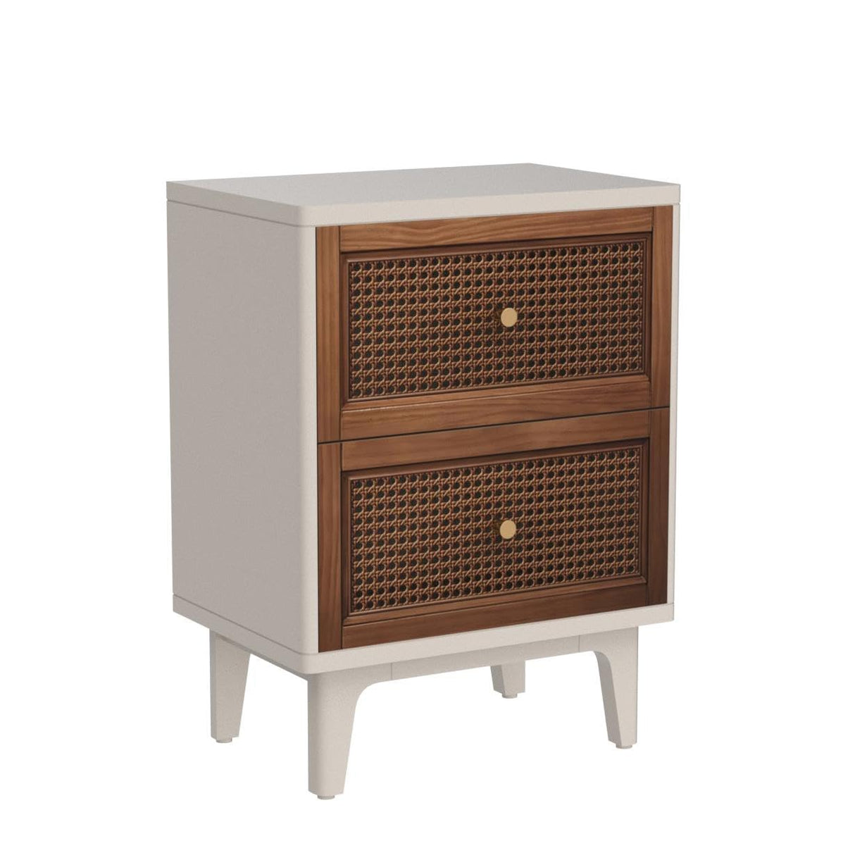 Fully-Assembled 2-Drawer Woven Cane Front Accent Nightstand with Brass Knobs