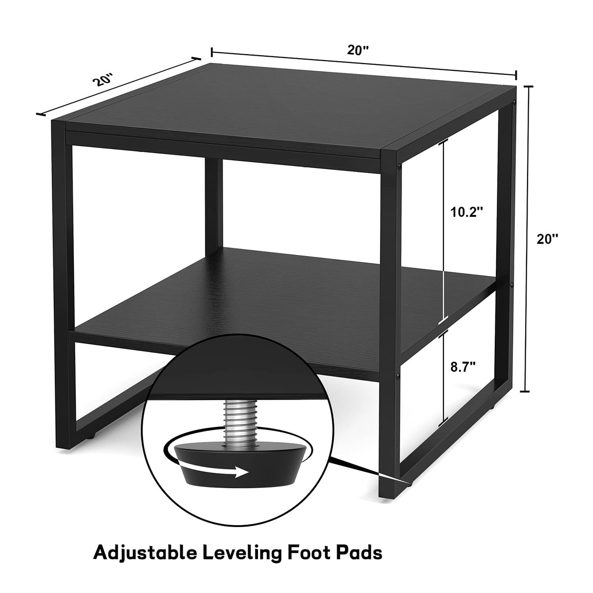 End Table, 20 Inch Square Side Table Modern Night Stand with 2-Tier Storage Shelf