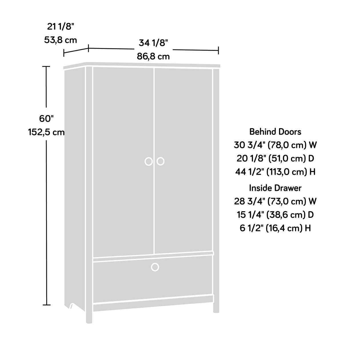 Dover Edge Bedroom Armoire with Drawer, L: 34.17" x W: 21.18" x H: 60.04