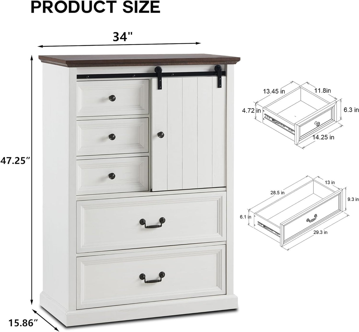 Farmhouse 5 Drawers Dresser for Bedroom, 47" Tall Chest of Drawers w/Sliding Barn Door,