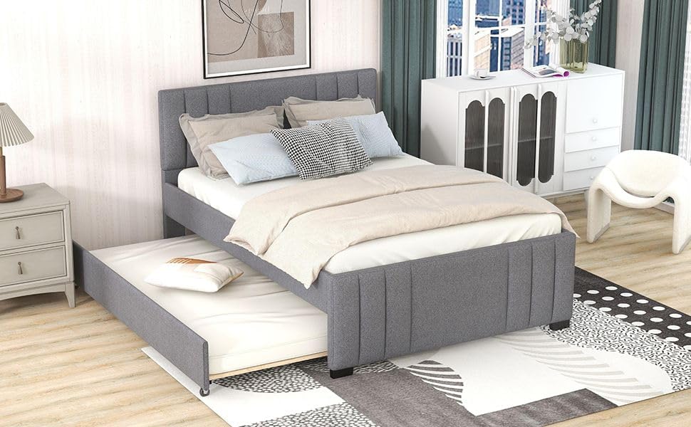 Platform Bed with Trundle, Modern Design and Tufted Linen, Grey