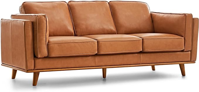 Full Leather Sofa 88” | Pure Full Italian Nappa Leather Couch, Solid Wood Accent