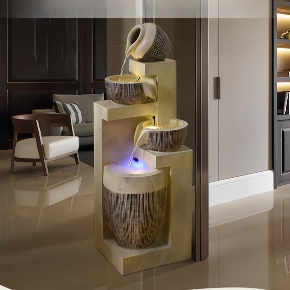 Water Fountain, 4-Tiers Modern Waterfall with LED Light, Backyard Water Fountain