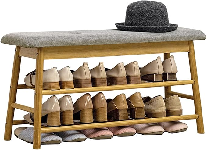 Shoe Rack Storage Bench - Bamboo Shoe Shelf with Cushioned Seat and Organizer Compartment