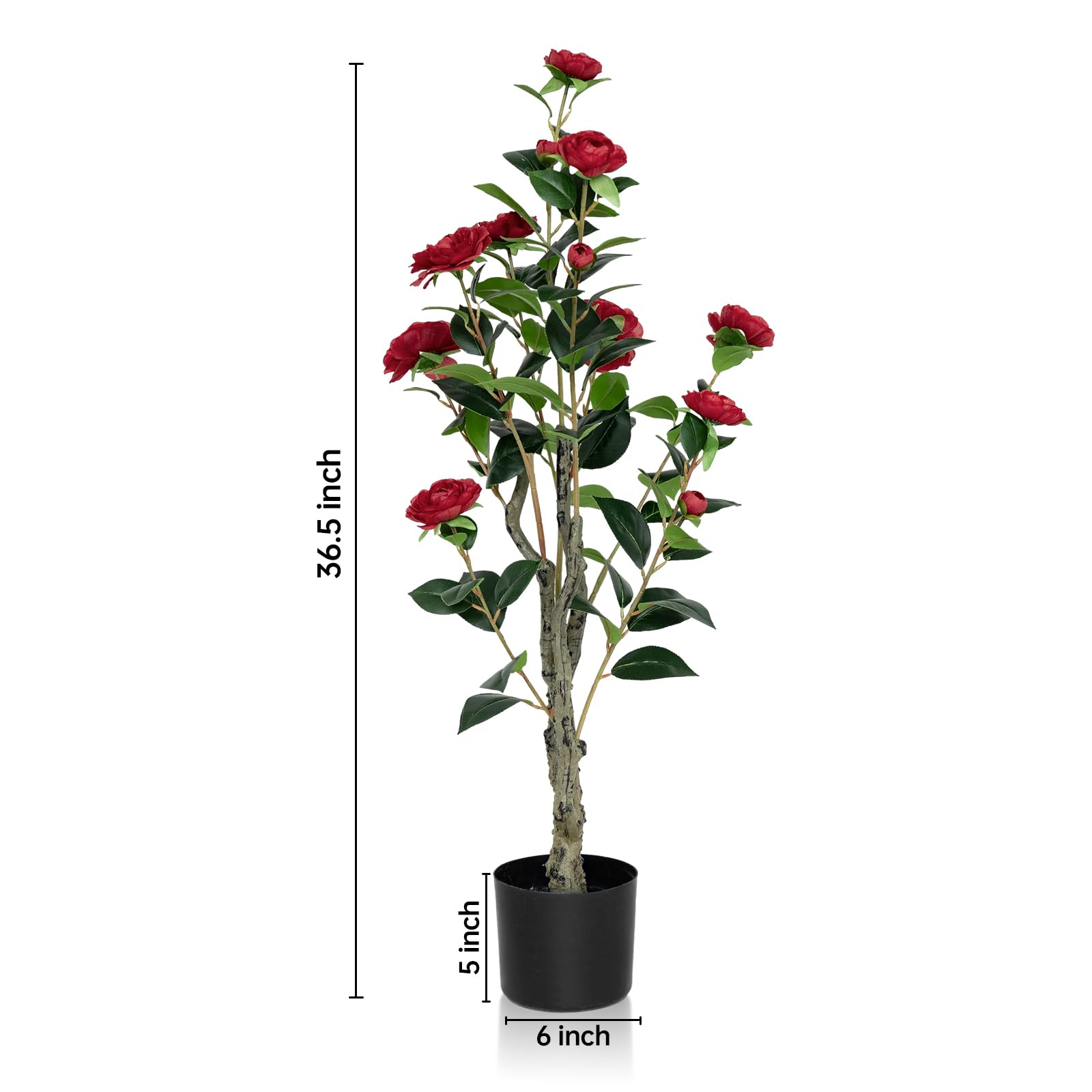 2Pack Artificial Camellia Tree 3FT, Red Faux Camellia Plant Fake Potted Camellia Flower