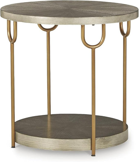 Brazburn Industrail Round End Table with Shelf, Dark Brown & Metallic