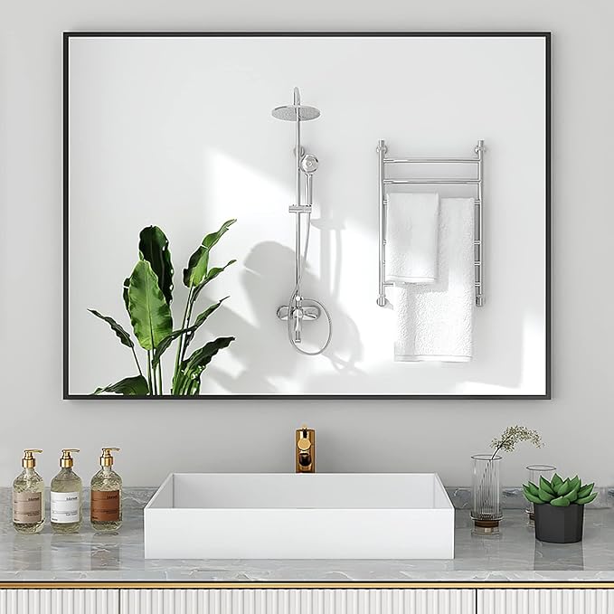 Large Mirror 32x48 Inch, Rectangle Bathroom Mirror, Black Metal Framed Mirror for Wall