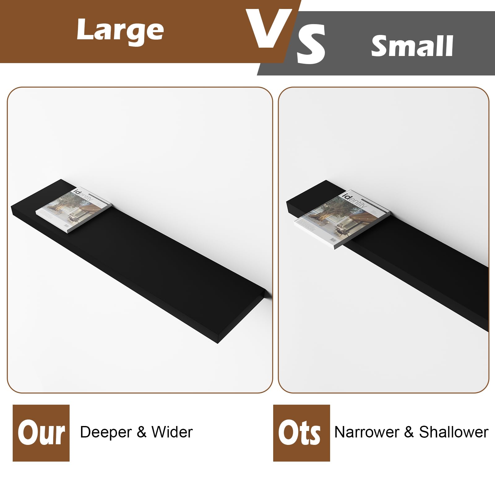 WELLAND 12" Deep Black Floating Shelves, Floating Wall Shelf, 47.24" L x 11.81" D x 2" T, Deeper Than Others, Black