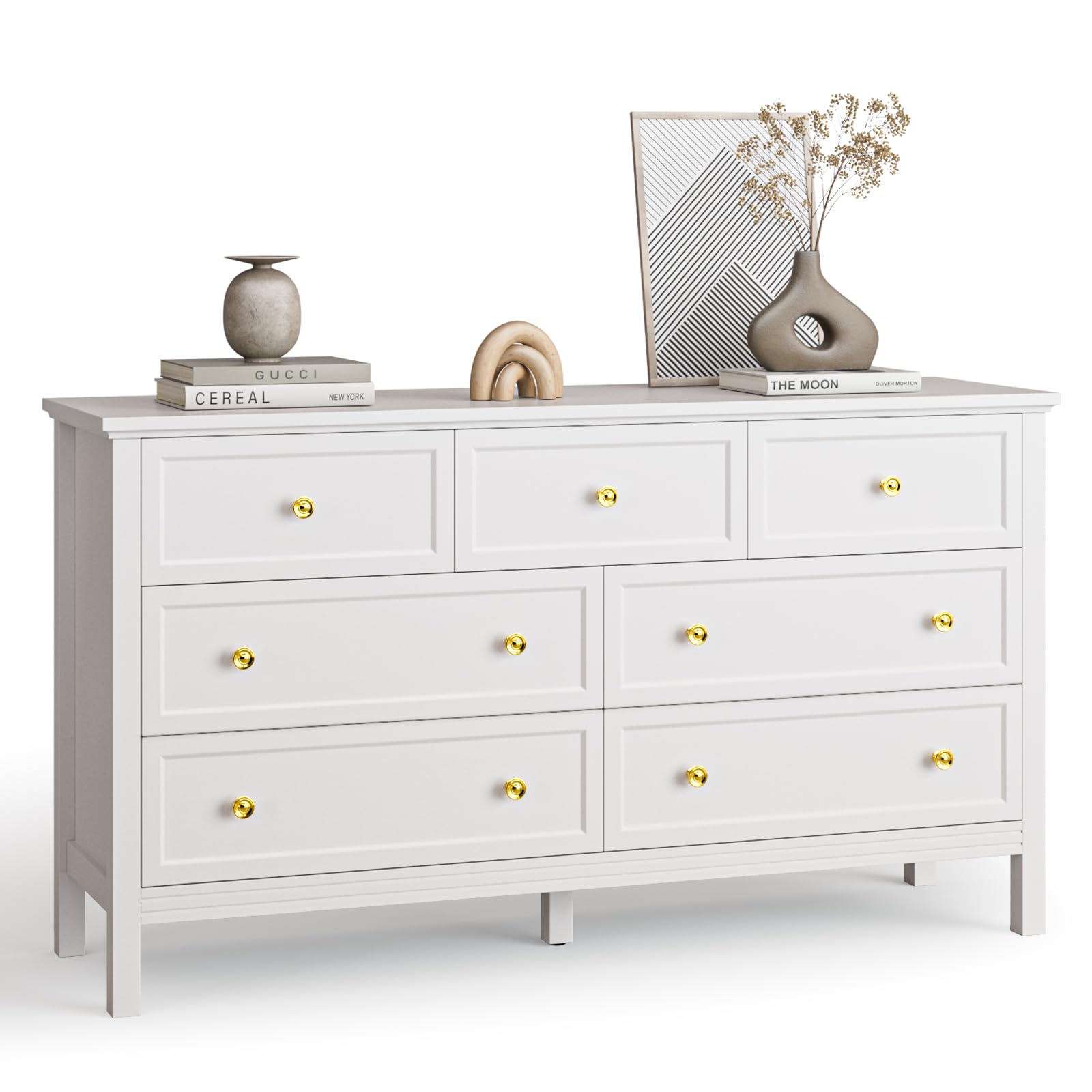 White Dresser for Bedroom with 7 Drawers, 55'' Large Wood Dresser