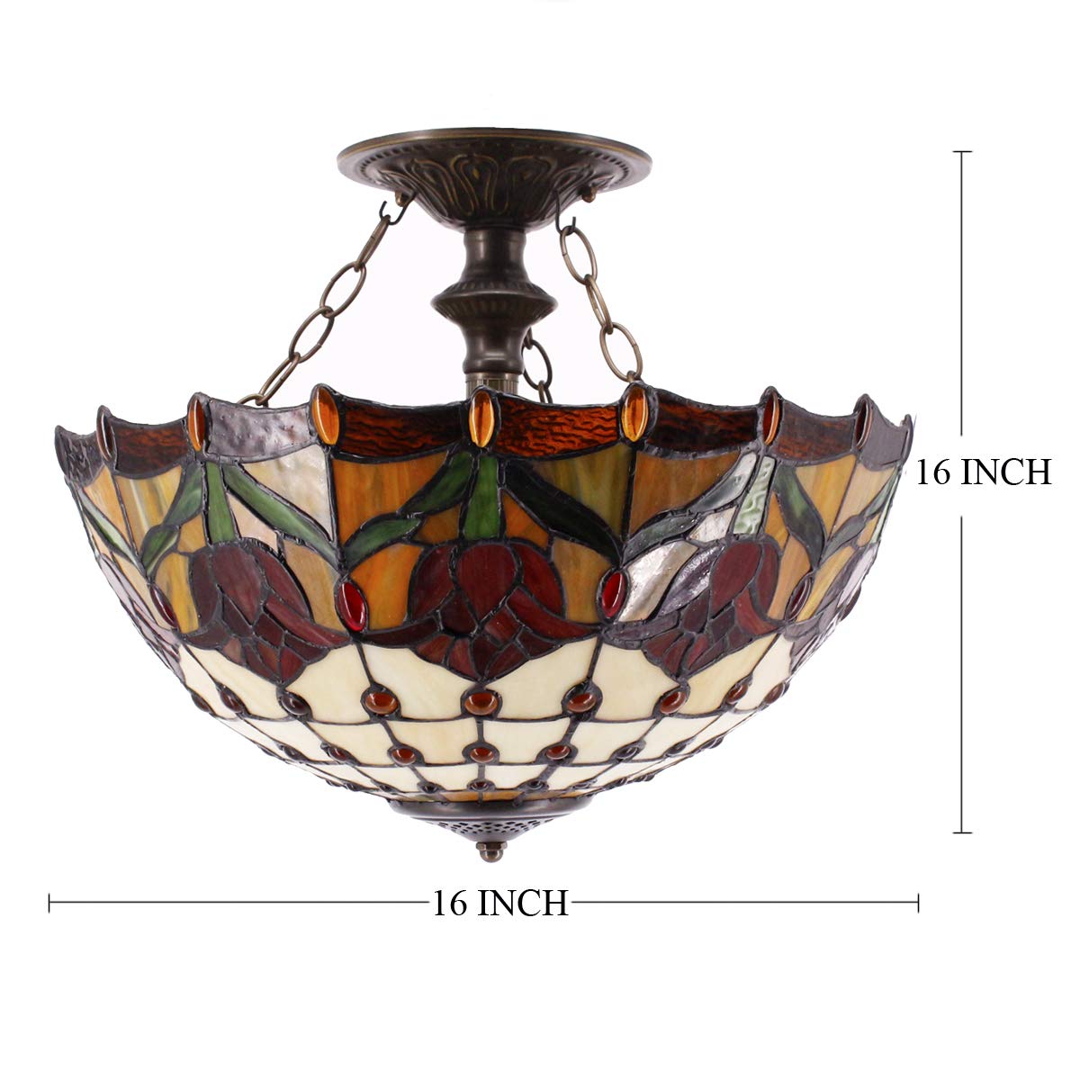 Tiffany Ceiling Light - Red Yellow Tulip Stained Glass Semi Flush Mount 16 Inch