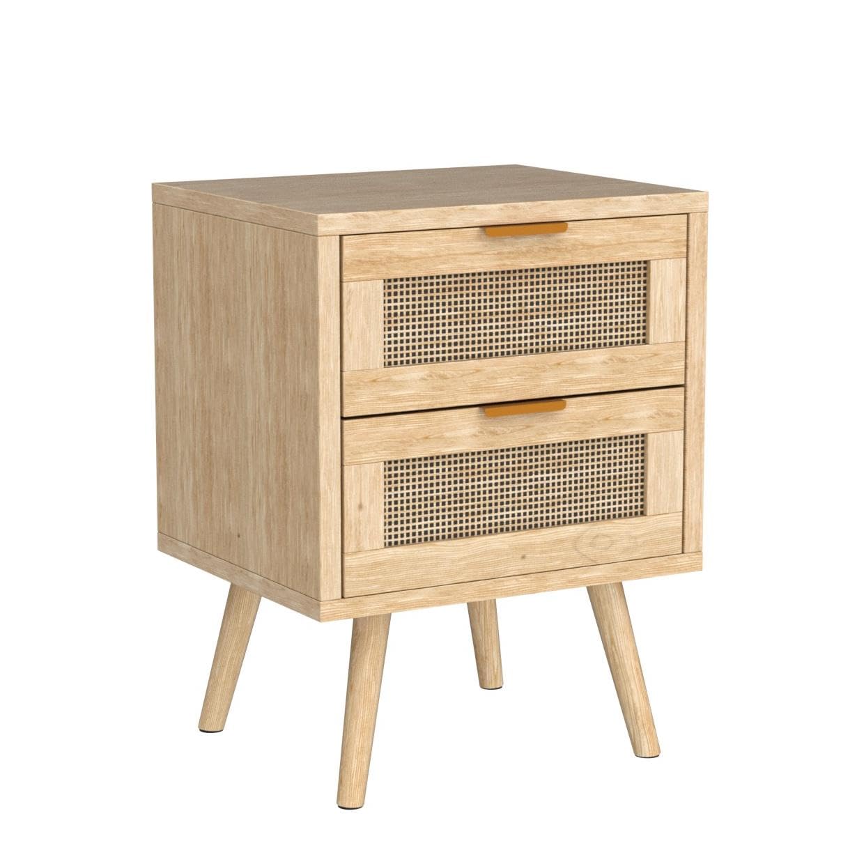 Set of 2 Nightstands Wooden Night Stands with Rattan Drawers Home Bedside End Table