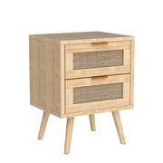 Set of 2 Nightstands Wooden Night Stands with Rattan Drawers Home Bedside End Table