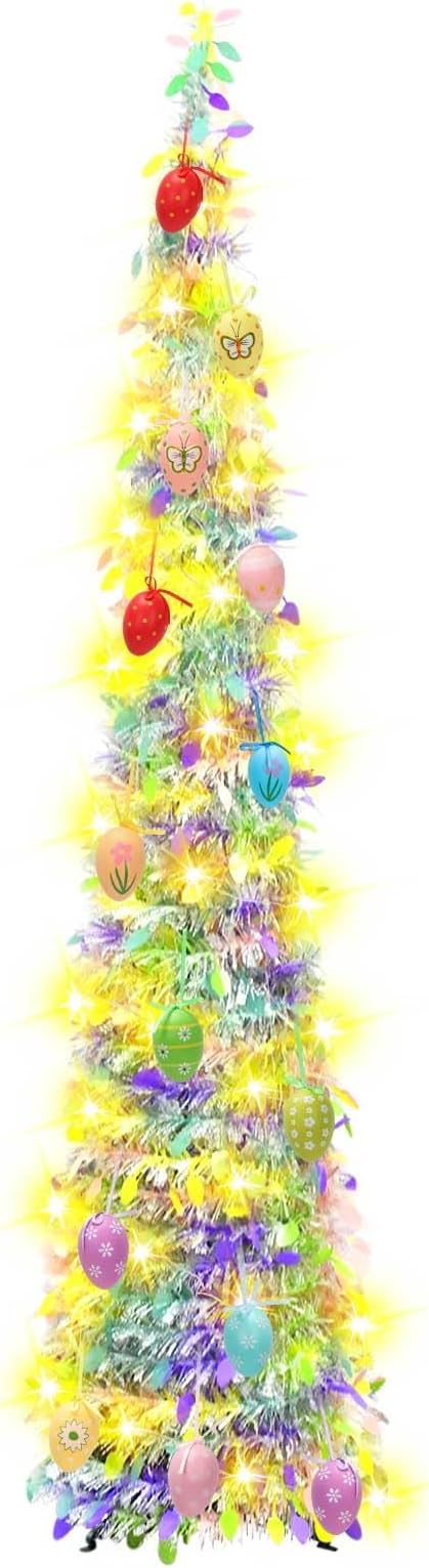 5FT Pop Up Christmas Tinsel Tree with Lights & Eggs,Artificial Easter Tree,Pop-Up Collapsible Pencil Easter Trees,Pre-lit Pencil Christmas Tree Xmas Tree for Indoor Outdoor Christmas Decorations