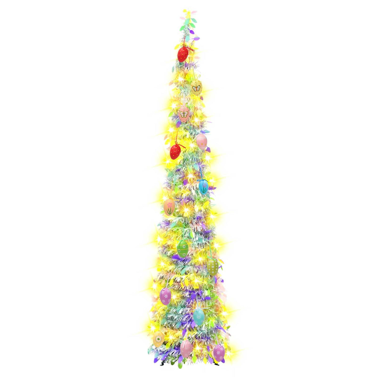 5FT Pop Up Christmas Tinsel Tree with Lights & Eggs,Artificial Easter Tree,Pop-Up Collapsible Pencil Easter Trees,Pre-lit Pencil Christmas Tree Xmas Tree for Indoor Outdoor Christmas Decorations