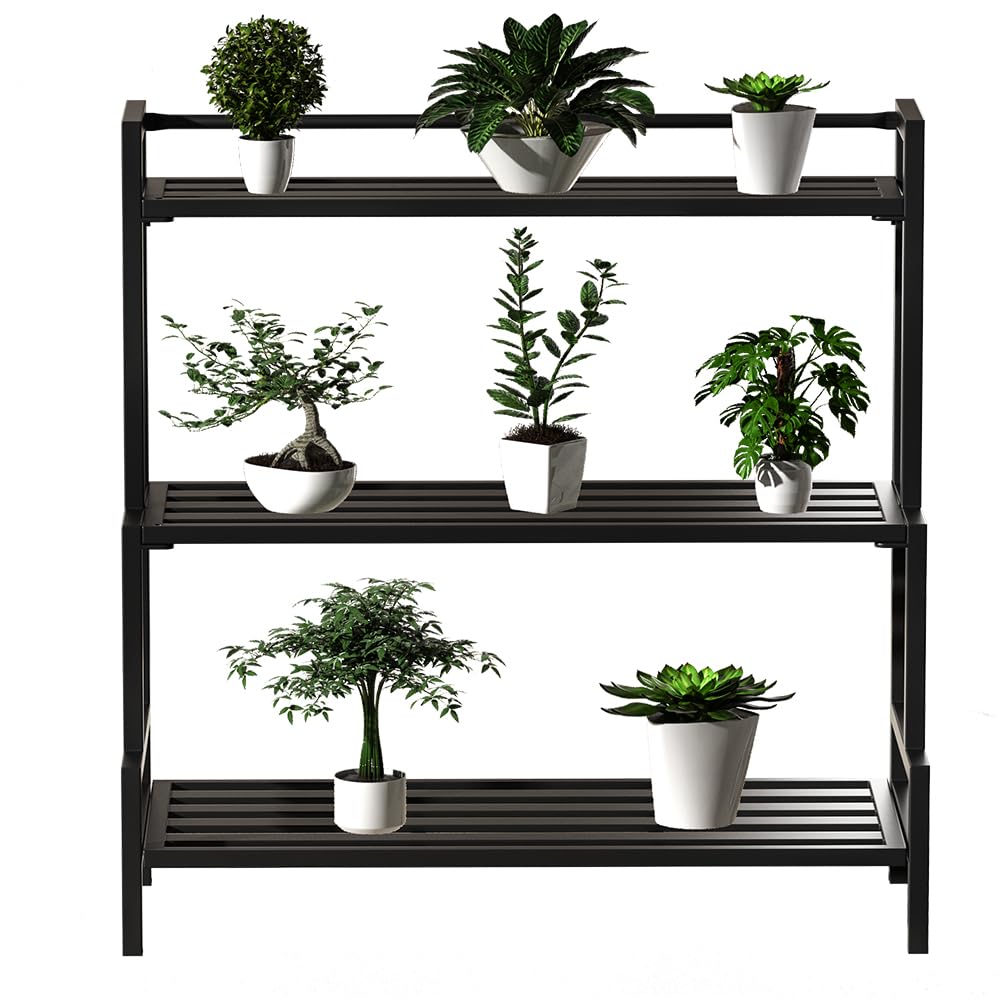 DHYGOTFUR Versatile 3-Tier Metal Plant Stand, Waterproof and Rust-resistant, Heavy-duty Flower Pot Holder for Indoor/Outdoor Use - Adds Elegance to Garden and Home Decor, Black