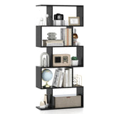 5-Tier Geometric Bookshelf Black, 62.5" Tall Wood S-Shaped Bookcase with Anti-Tipping Device, Floor Standing Display Shelf for Bedroom, Living Room, Study