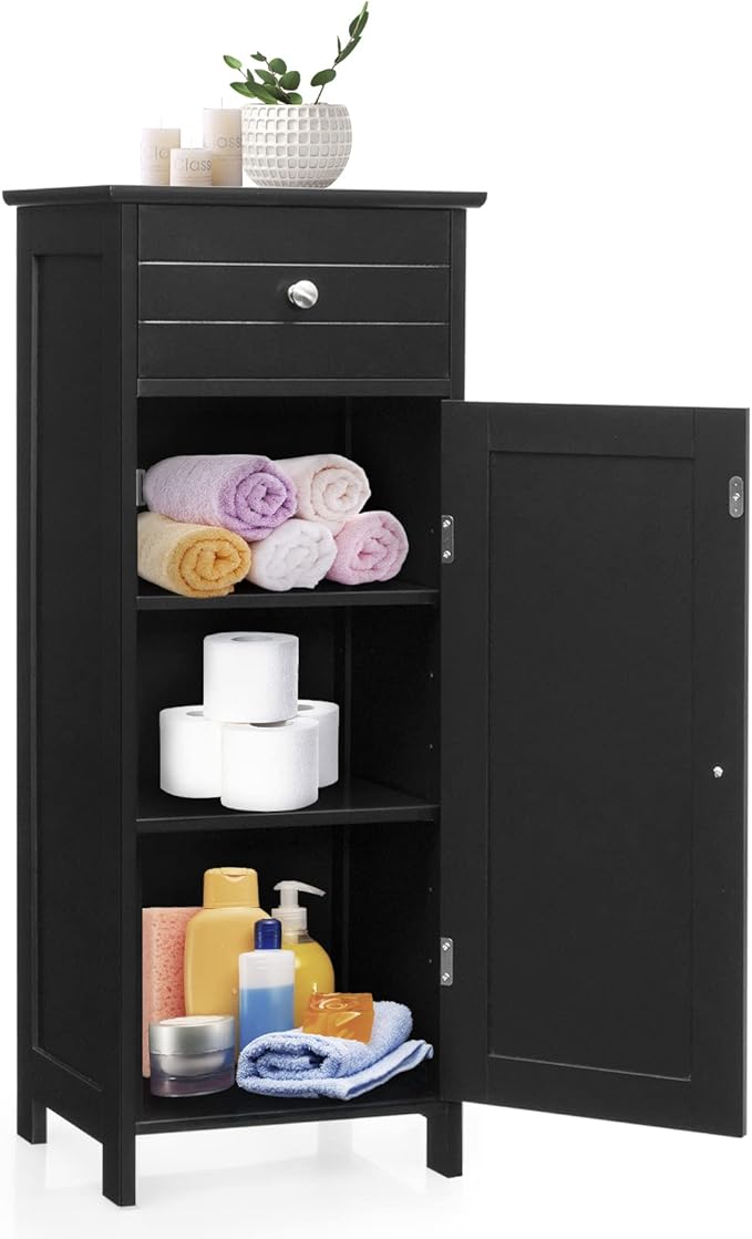 Bathroom Storage Cabinet, Single Door Floor Cabinet with Drawer and 3-Level Adjustable Shelves,