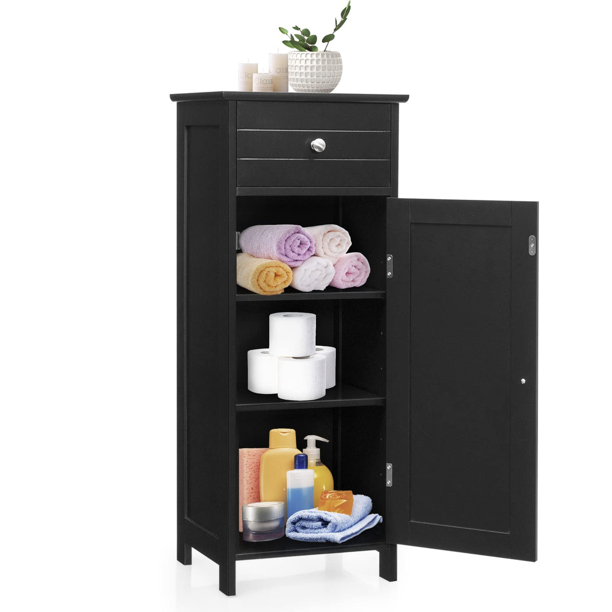 Bathroom Floor Storage Cabinet, 14" x 12" x 34.5" (L x W x H), Black