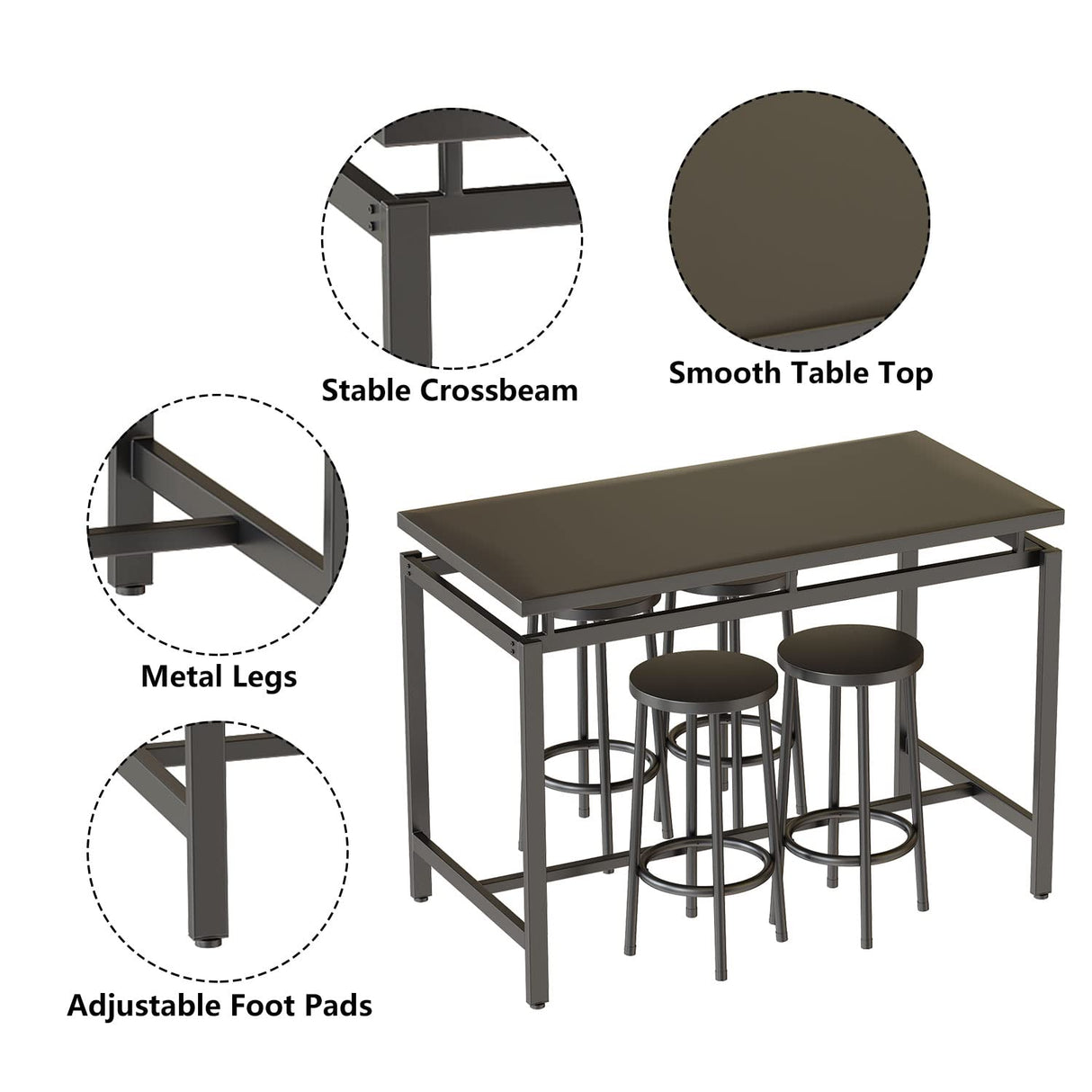 AWQM Dining Table Set for 4, Home Kitchen Counter Height DiningTableSet with 4 Chairs, Modern BarTable and ChairsSet for Pub, Living Room, Breakfast Nook,Small Spaces, Easy to Assemble, Black