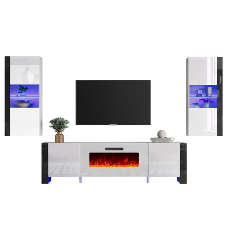 3-Piece Modern Wall Unit Entertainment Center Set, High Gloss 80" Fireplace