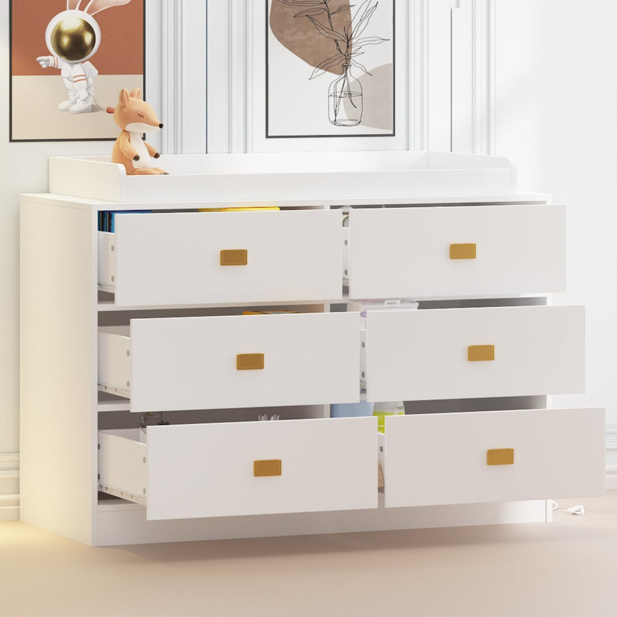 Dresser for Bedroom with 6 Drawers, Wide Chest of Drawers with Changing Table Top