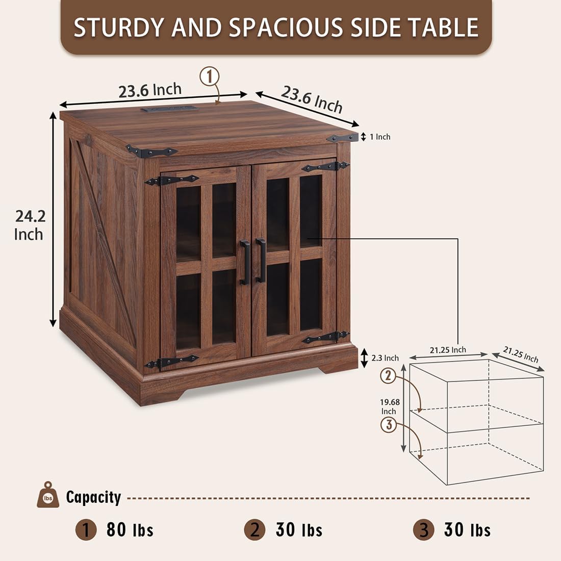 Farmhouse End Table with Charging Station,24" Large Sofa Side Table