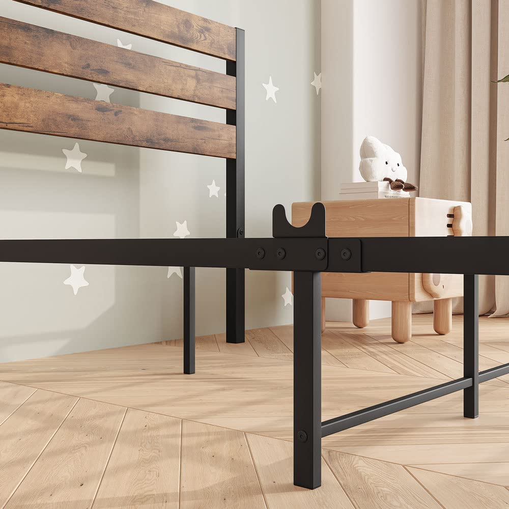 Platform Bed Frame with Rustic Vintage Wood Headboard, Strong Metal Slats Support