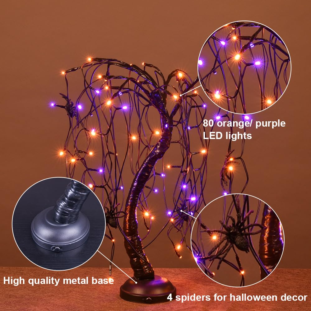 24Inch Halloween Lighted Willow Tree Bonsai Light 80 Orange and Purple LED Lights