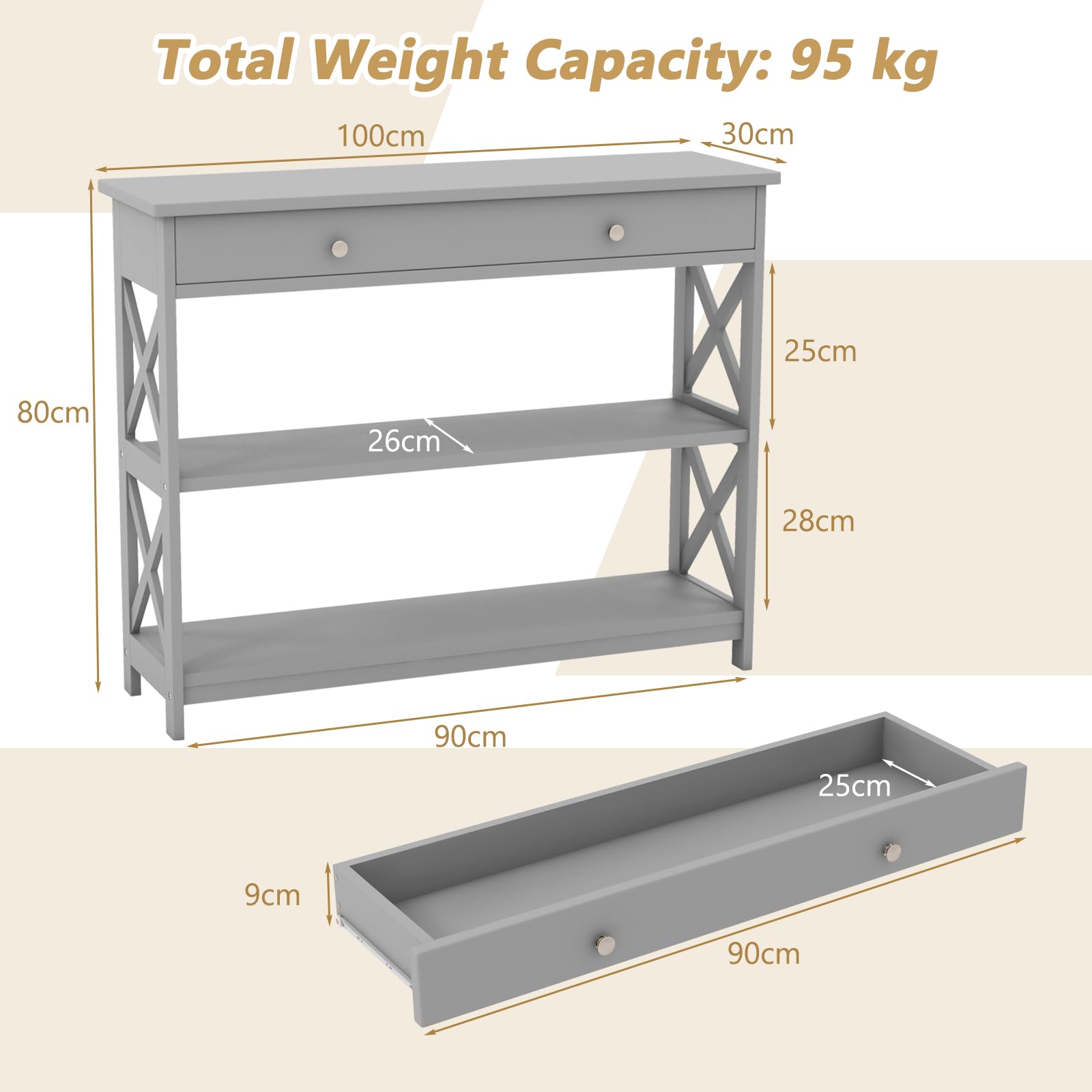 3-Tier Console Table, Wooden Sofa Tables Narrow Long with Large Drawer & 2 Open