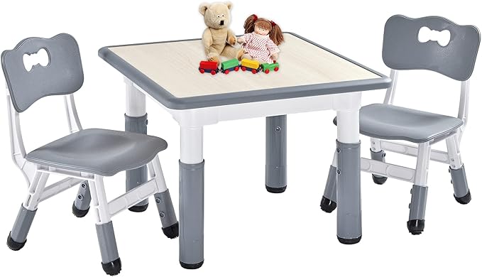 Kids Table and 2 Chairs Set, Height Adjustable Toddler Table and Chair Set for Ages 3-8