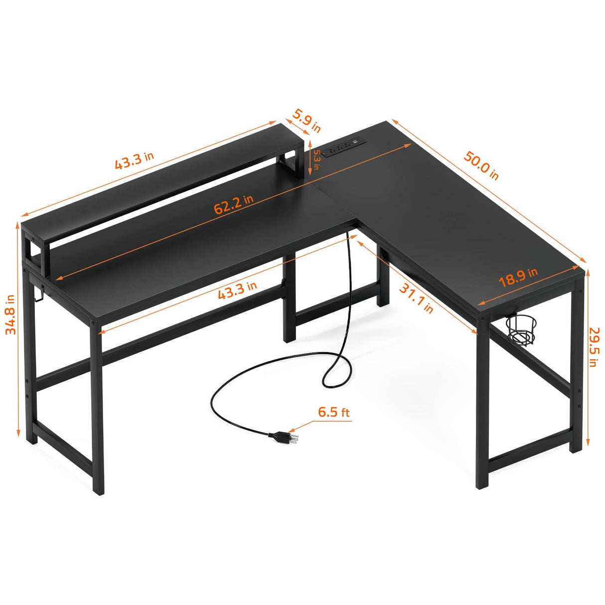 L Shaped Desk with Power Outlets, 62 Inches Reversible Small Corner Computer Desk