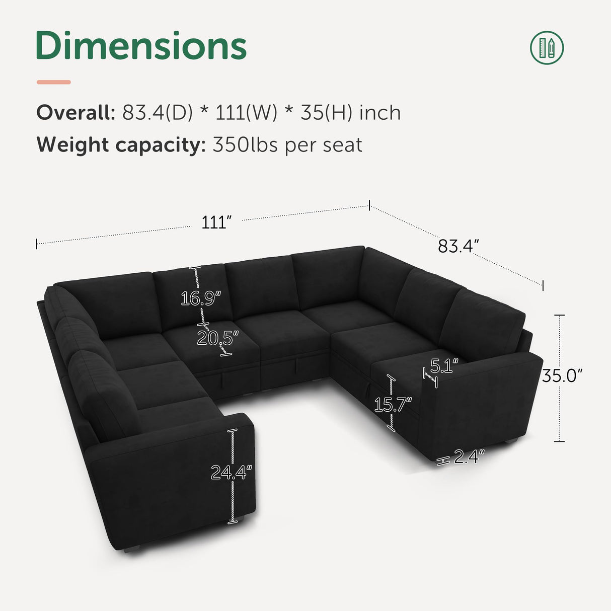 Modular Sectional Couch with Storage, Velvet U-Shaped Sectional Sofa