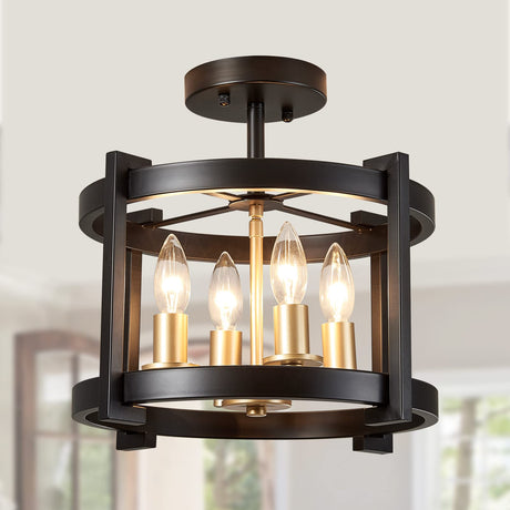 MEIXISUE 4-Light Semi Ceiling Light Flush Mount BK+GD Farmhouse Rustic Vintage Antique Ceiling Light Fixture for Hallway Entryway Gazebo Kitchen Dining Room Bedroom UL Listed