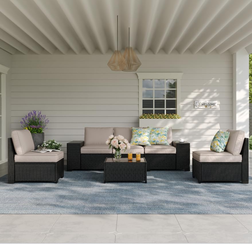 6 Pieces Outdoor Patio Furniture Set, Wicker Conversation Sets with Tea Table