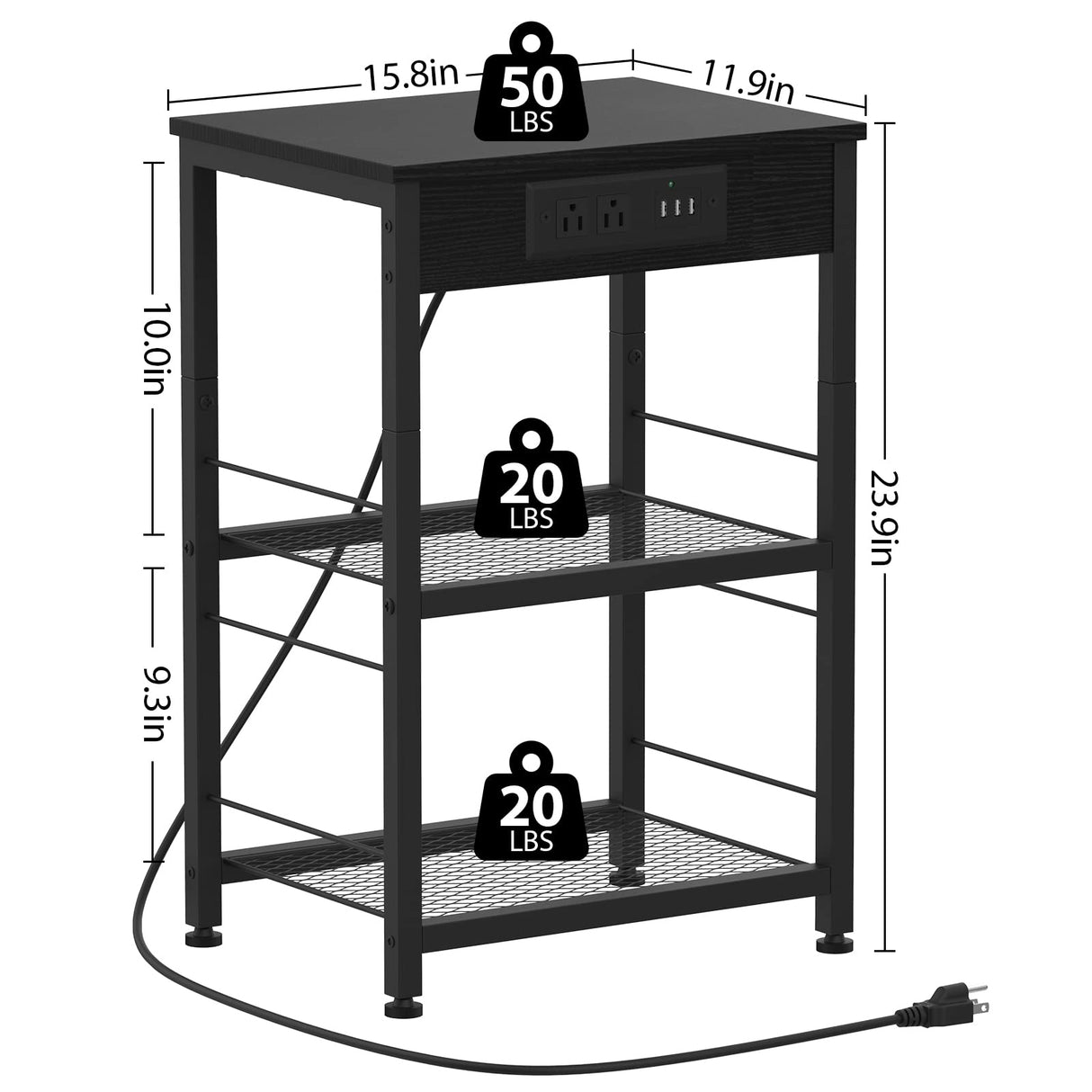 Black Nightstand with Charging Station Industrial End Side Table