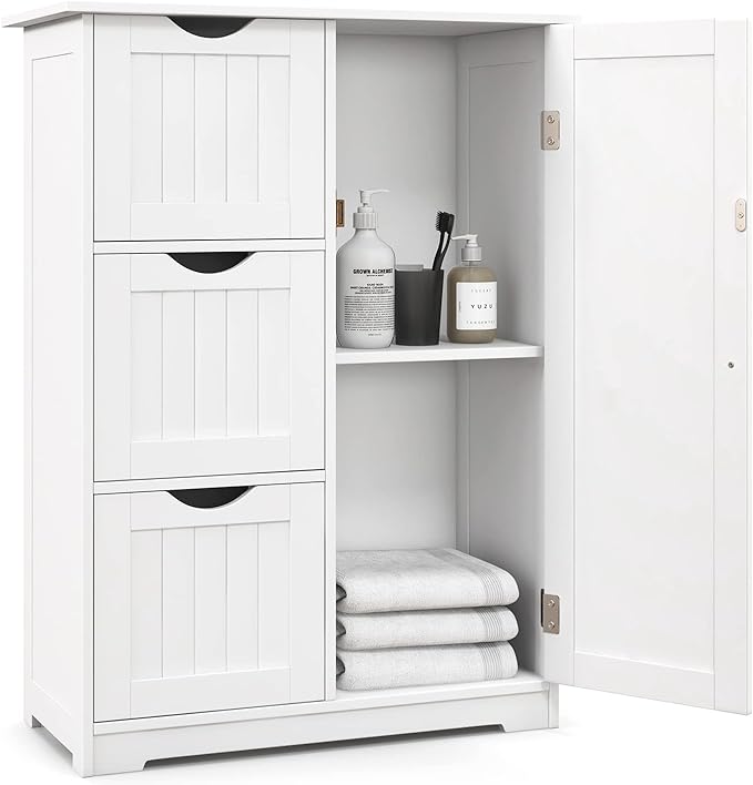 Bathroom Floor Cabinet, Freestanding Side Storage Cabinet w/ 3 Drawers & 1 Cupboard