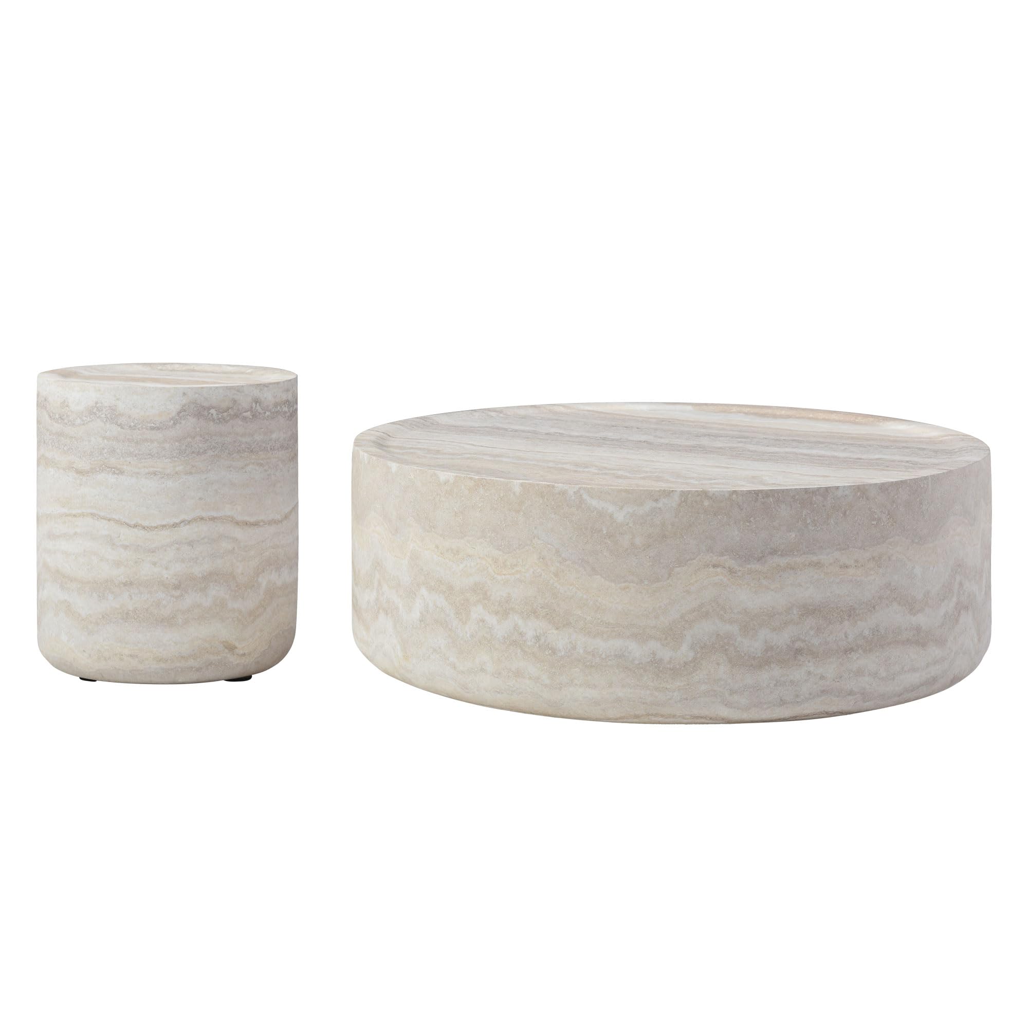 Coffee Table Set of 2, Faux Marble Side Table Round Tea Table Faux Travertine Textured