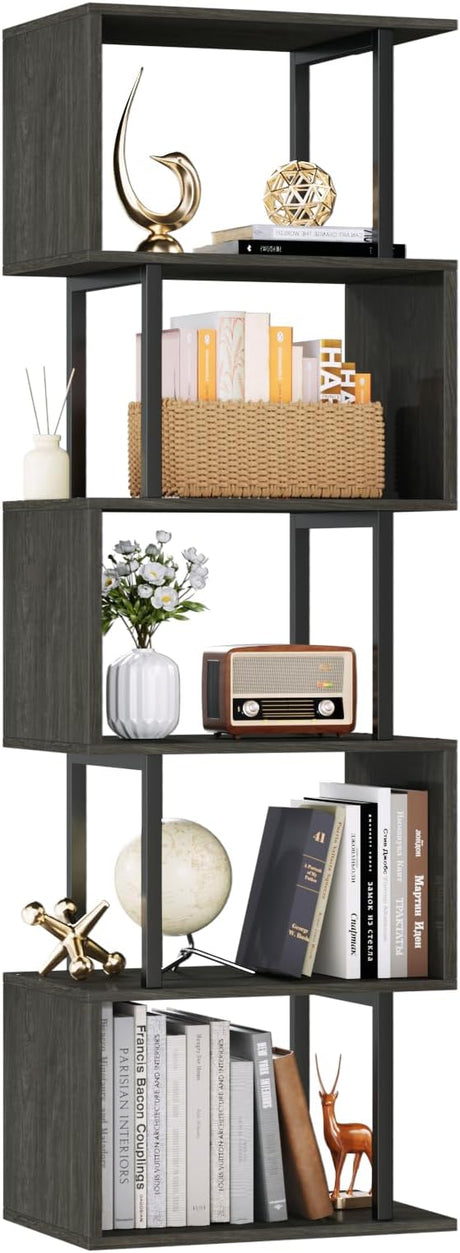 6-Tier Bookshelf, Tall S-Shaped Geometric Bookcase, Industrial Freestanding Display Shelf